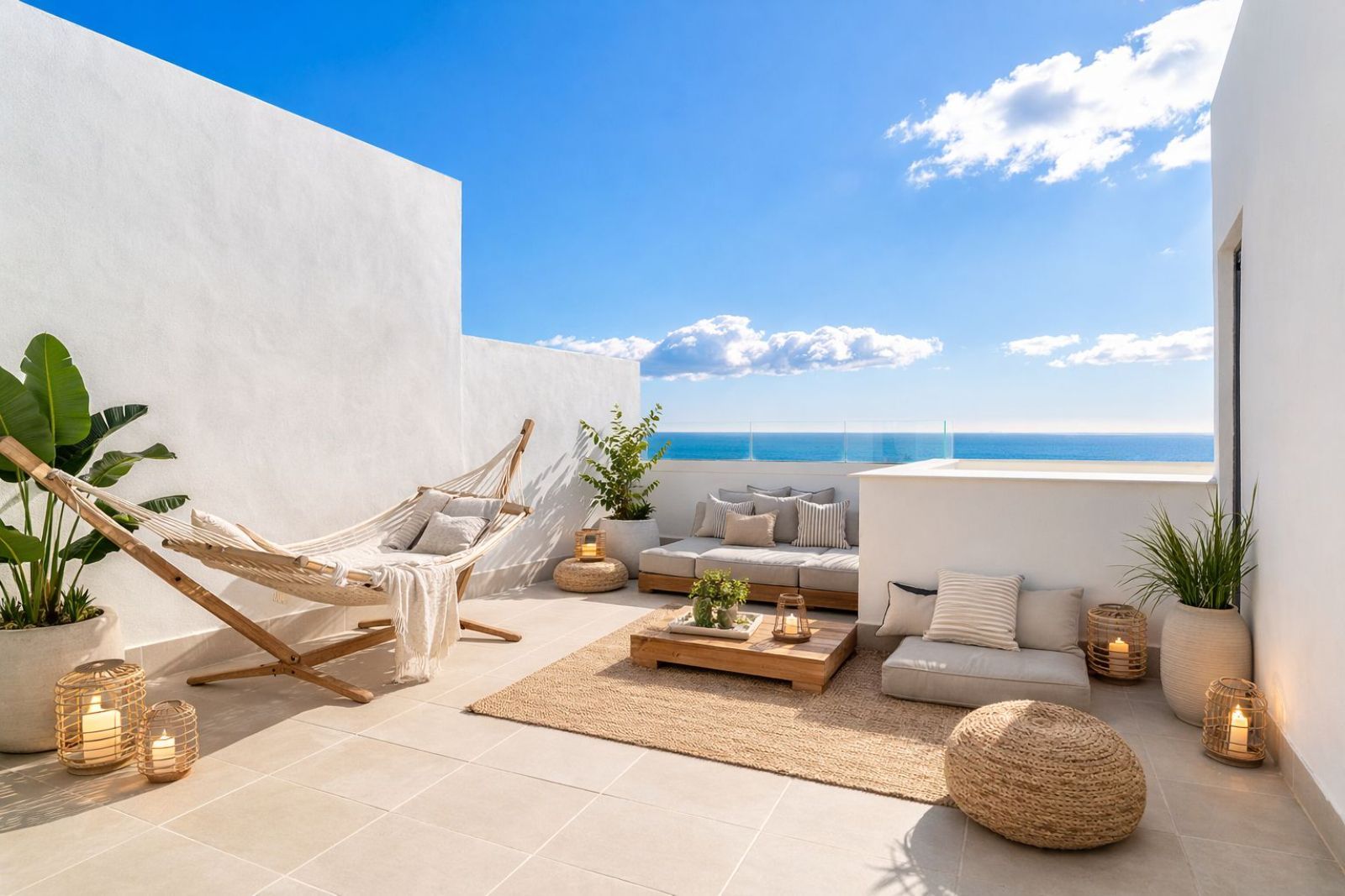 Balcony with sea view, white walls, hammock, lounge chairs, plants, and candles.