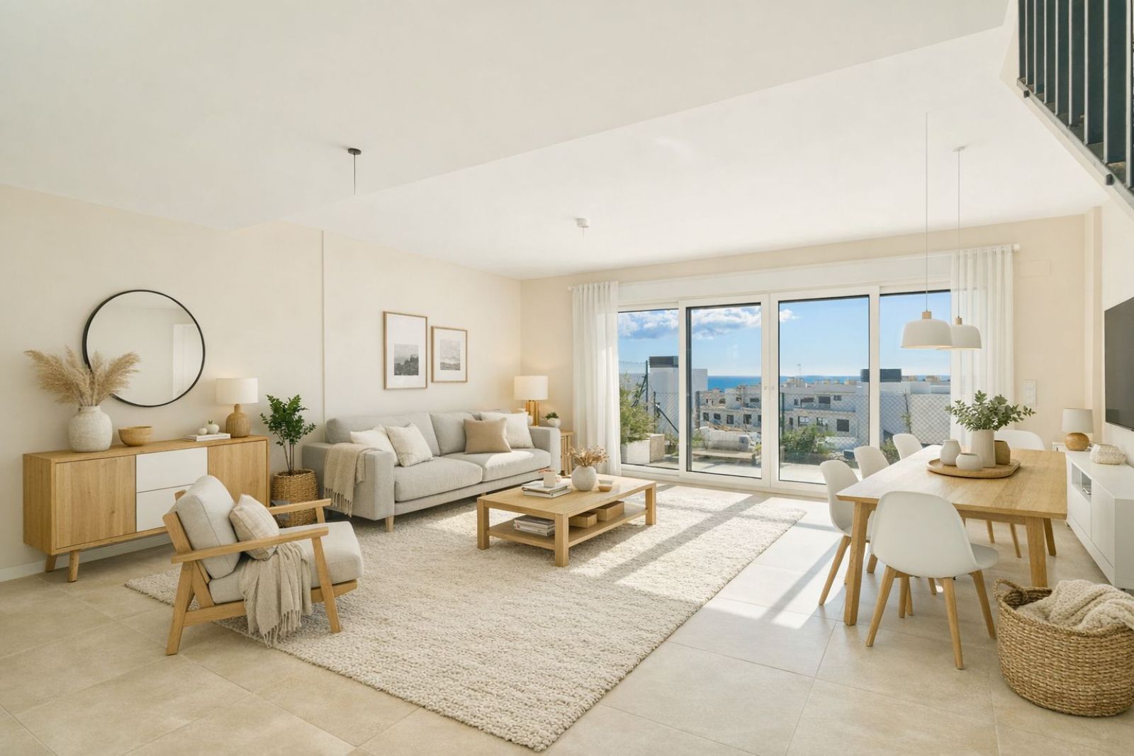 Modern living room with city view, featuring a sofa, dining table, and large windows.