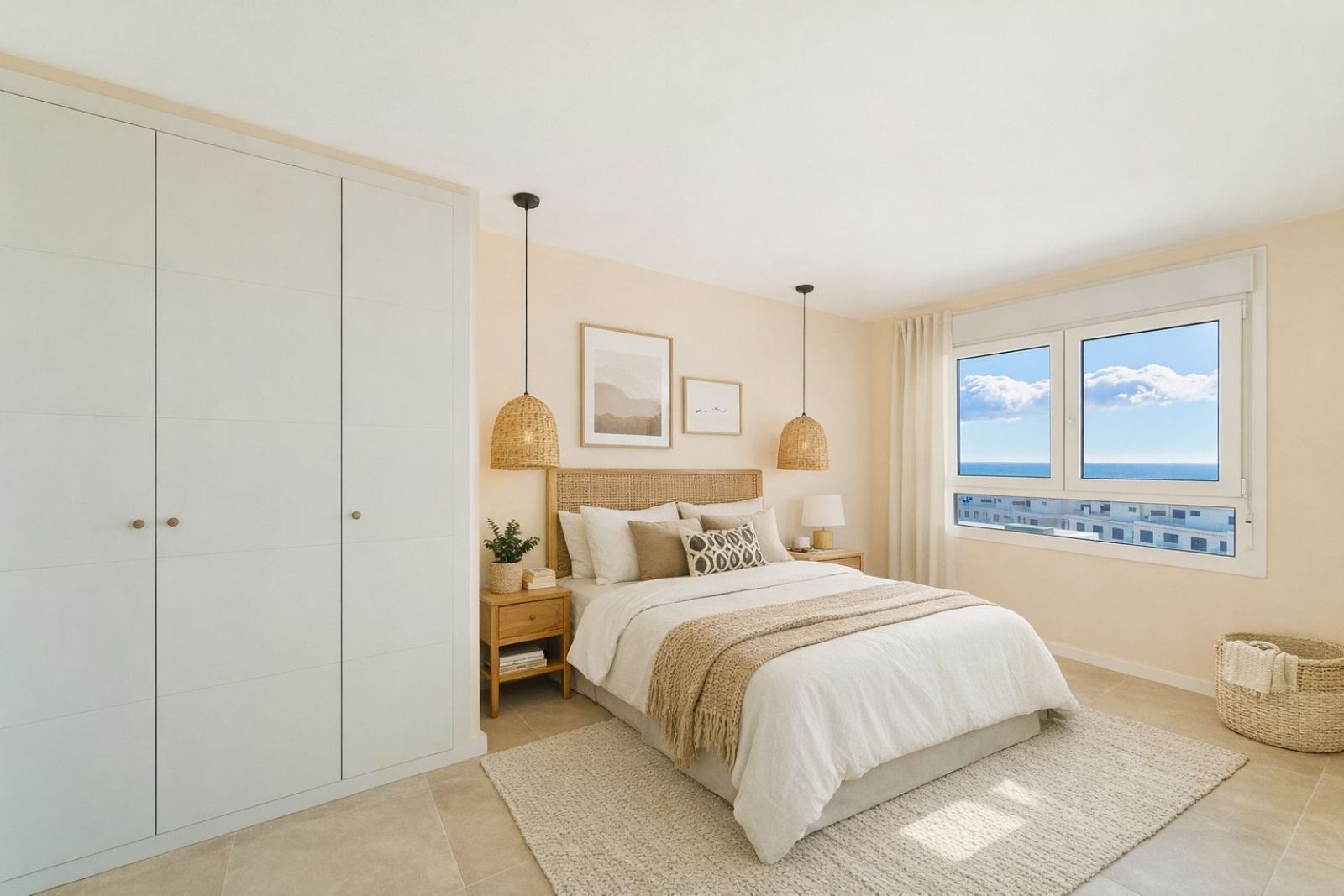 Coastal bedroom with ocean view, featuring a large bed, white furniture, and pendant lights.